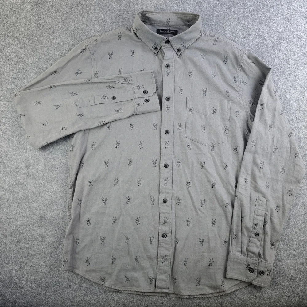 Banana Republic Luxe Flannel Shirt Mens Medium Slim Untucked Gray Deer Print